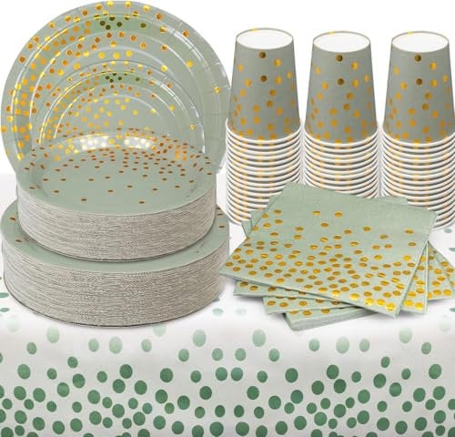 Green and Gold Party Tableware - 201 Piece Golden Dot Dinnerware Set Includes Paper Plates, Napkins, Cups and Tablecloth for Graduation, Wedding, Birthday Parties, Serves 50