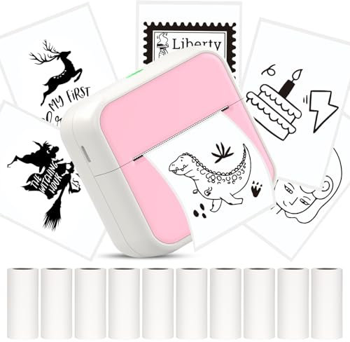HUIJUTCHEN Mini Drucker, Tragbarer Fotodrucker Bluetooth Thermodrucker Inklusiv Taschendrucker Aufkleber Drucker für iOS und Android mit 10 Rollen Thermopapier für Fotos, Notizen, Memos, DIY(Rosa)