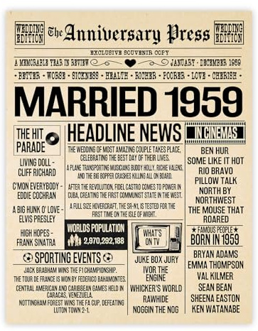 Stuff4 Poster zum 66. Hochzeitstag, ungerahmt – Zeitung Married in 1959 Newspaper – Happy 66th Wedding Anniversary for Men Women Vintage Gifts Retro Back in 1959, 20,3 x 25,4 cm Poster zum