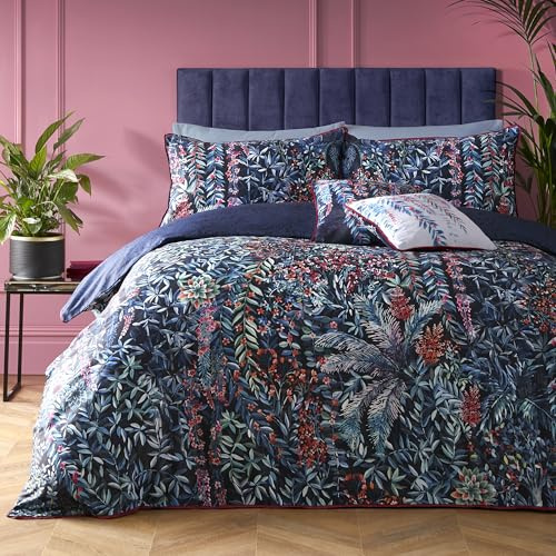 SOIREE Bettbezug mit tropischen Blättern und Farnen, für Super-Kingsize-Betten (260 x 220 cm), wendbare Designs, 100% Baumwolle, 2 x Kissenbezüge, Luxus-Bettwäsche, marineblaue Bettwäsche mit Blumen