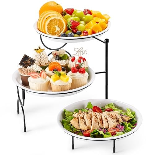 Lifewit 3 Tier Serving Tray, Round Plastic Platters Fruit Bowls, White Reusable Food Trays with Display Stand for Buffets, Cupcake, Snack, Veggie, Cookies, Dessert, Dishes, Party Supplies