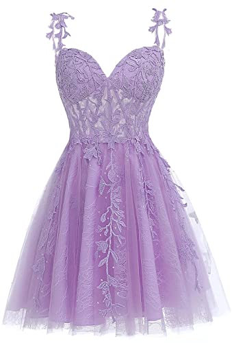 HUINI Kurzes Spitzen-Abschlussballkleid Spaghetti-Träger A-Linie Ballkleider Tüll Cocktail Party Kleid Flieder 36