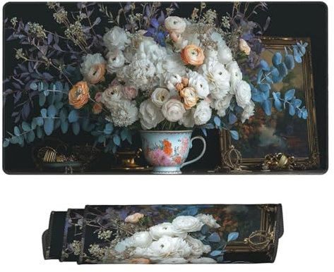 Groß Mauspad 70x30cm, Waterproof Gaming Mouse Pad White Flower Mousepad, Mouse Pad XXL, Non-Slip Rubber Base, Soft Smooth Surface Extended Keyboard Desk Mat for Office Decor, Geschenke for Women B-20