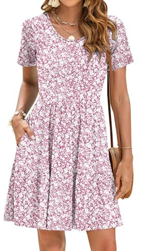 AUSELILY Sommerkleider Damen Lässige Strandkleider Eleganter Rüschensaum Kurzärmeliges A-Linien Kleid Mit Taschen Rosa Blümchen L