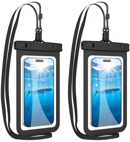 HopMore 2 Pack Waterproof Phone Pouch with Adjustable Lanyard Up to 7.2, IPX8 Universal Underwater Phone Case Dry Bag for iPhone 17 16 15 14 13 12 11 Pro, Samsung S25 S24 A56 A36 A16 - Black