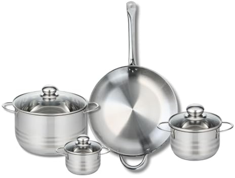 ELO 9874050 Kochgeschirr-Set, 4-teilig, 1 Bratpfanne 32 cm und 3 Kochtöpfe 12, 16 und 24 cm Elo Profi, glänzend, Edelstahl, Induktion