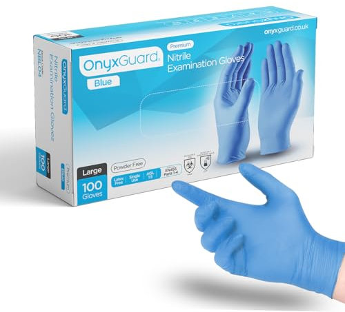 OnyxGuard Blue Premium Medical Nitrile Examination Gloves - Box of 100 Disposable, Powder-Free, Latex-Free, Multi-Purpose, Single-Use, Medical Use, Dentist Gloves. (Medium)