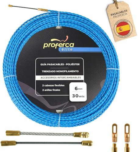 PROFERCA Guia Pasacables Profesional de 6mm y 30 Metros de Poliéster Trenzado con Terminales Intercambiables | para Grandes tuberías | Especial Jardines