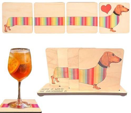 OUDQFCJ Posavasos de Madera con Diseño de Perro Salchicha, Set de 4 Porta Vasos para Tazas, Café y Copas, Ideal como Decoración para el Hogar
