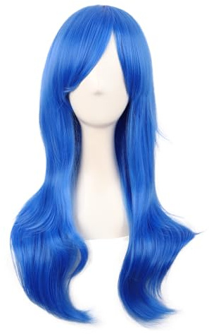MapofBeauty 28 Inch/70 cm Women Side Bangs Long Curly Hair Cosplay Synthetic Wig (Bright Blue)