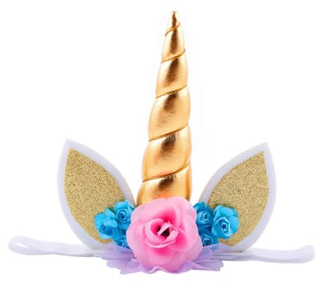 CALLARON Elastisches Einhorn Stirnband aus Stoff mit Goldenen Ohren und Verstellbarem Haarreif für Babys und Mädchen Bequemes Partyzubehör zur Geburtstagsfeier und Täglichen Anziehen