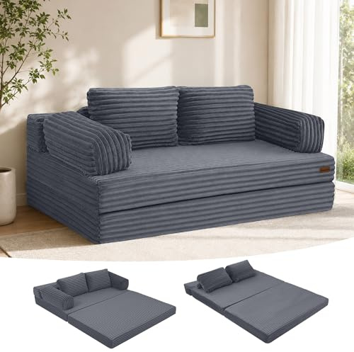 MeMoreCool Cord Schlafsofa Klappbares Bodensofa 3-in-1 mit Kissen Grau | Bequemes Schlafsofa mit Kissen und Schlaffunktion, Ideal als Lounge Sofa für Schlafzimmer, Wohnzimmer und Kleine Räume