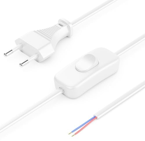 deleyCON 3,0m Euro-Netzkabel mit Schalter - Offenes Kabelende - Stromkabel, Ersatzkabel, Anschlusskabel, Zuleitung - Typ C Flacher Euro Stecker - für Leuchten, Lampen, Leuchtmittel - Weiß