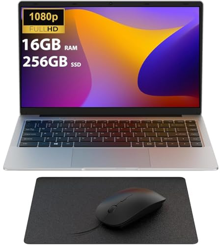 Computer portatile 14 pollici, 16 GB RAM 256 GB SSD TF Espansione, PC portatile Celeron N4120 Up to 2.6 Ghz, 5G/2.4 GHz WiFi, 1920 x 1080 IPS FHD/BT/USB 3.0/DHMI, Win 11 Mini portatile con Mouse