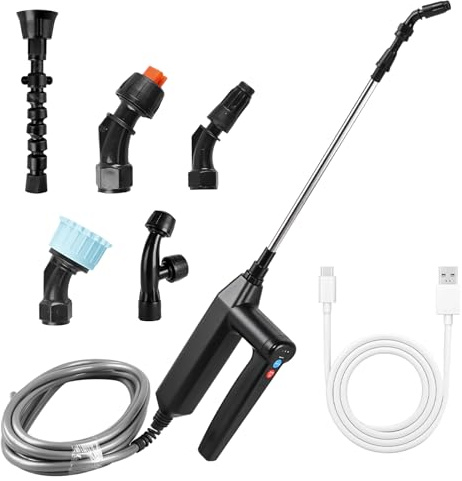 Spruzzatore a pressione a batteria, 7,4 V, con tubo dell'acqua da 8 m e 5 ugelli regolabili, spruzzatore a pressione ricaricabile, con 3 velocità di spruzzo per giardino, prato, erbacce