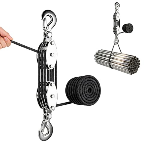 Flaschenzug mit Seilbremse 2000kg Tragkraft mit 20m Nylon Seil&8:1 Hubkraft | 270° Drehbar Manueller Kettenzug Arbeitssparender mit Haken für Baustelle, Werkstatt, Lagerhallen & Schwertransport