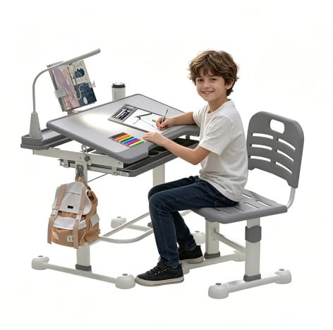 Schreibtisch Kinder, Kinderschreibtisch und Stuhl Set, Höhenverstellbar Kinderschreibtisch für Kinder 3-12 Jahre, Mehrfunktional Kinderschreibtisch mit LED Lampe, Aufbewahrung, Malen & Lesen (Grau)
