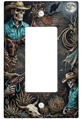 Cowboy Single Rocker Lichtschalter-Abdeckung, Western-Rustikaler Totenkopf-Kaktus, Herbstblau, Kunststoff, Standardgröße, dekorative Wandplatten für Wohnzimmer, Schlafzimmer, Heimbüro, Dekor