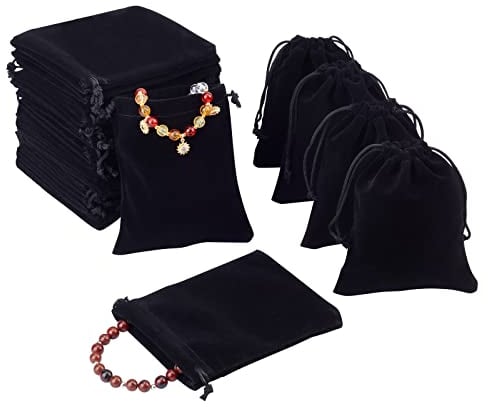 PandaHall Elite - 50Pcs Velvet Pouch Taschen Rechteck Kordel Taschen Geschenktüten für Schmuck, schwarz, 12x10cm