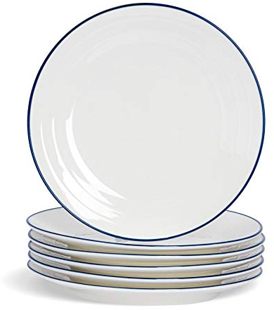 Nicola Spring Farmhouse Dinner Plates - 26cm - 6pc Dining Plates Set with Blue Rims - Microsafe Safe Porcelain Dining Set Main Course Crockery Dishwasher Safe Serving Dishes