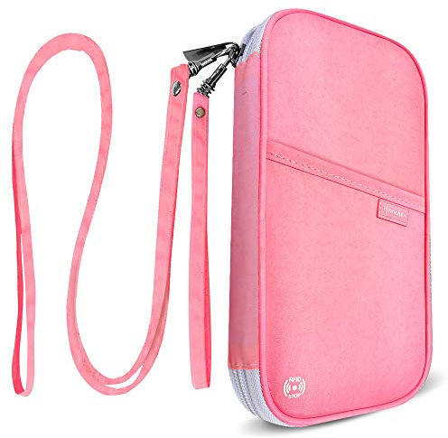 homchen RFID Blocking Travel Passport Wallet Holder, Document Organiser Case Credit Card Holders for Men and Women (Large Pink-RFID)