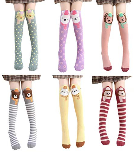 Mädchen Kniestrümpfe - Cartoon Design Warme Baumwollkniestrümpfe Mittler-Wadenstiefel Socken Lustige Socken für 3-12 Jahre Mädchen Geburtstag 6 Farben, Einheitsgrösse