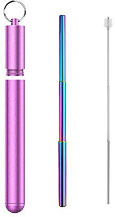Faltbarer Trinkhalm, zusammenklappbar, wiederverwendbar, Edelstahl, tragbar, mit Aluminiumgehäuse (Violet2)