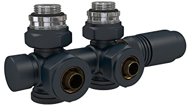 EMKE Hahnblock Multiblock Heizkörper Mittelanschluss Ventil-Armaturen Ventilhahnblock Set mit Thermostat, Eck und Durchgangsform, Heizkörperventil für Badheizkörper Anthrazit G1/2