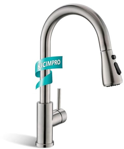Kicimpro Küchenarmatur mit herausziehbarem Sprüher aus gebürstetem Nickel, hoher Bogen, Einhebel-Küchenarmatur mit Wasserleitungen, Edelstahl Küchenarmaturen, Grifos De Cocina