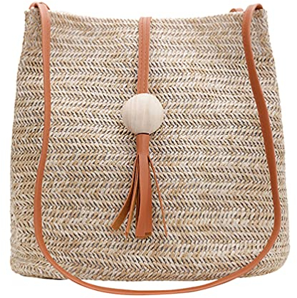 1pc Straw Woven Tote Bag for Women Portable Bucket Handbag Versatile Beach Bag for Shopping School and Parties Brown