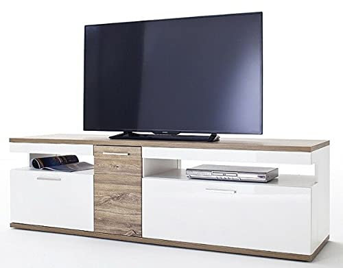 PEGANE Meuble TV Coloris Blanc Brillant et chêne Sterling - Longueur 180 x Hauteur 55 x Profondeur 50 cm