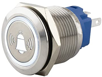 SeKi Edelstahl Drucktaster Ø19mm tastend flacher Kopfform farbig beleuchtetem Glocken Symbol in weiss Lötösen / Flachstecker 0,5x2,8 Anschluss; Klingeltaster
