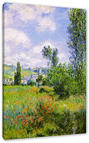 Pixxprint Claude Monet - Aussicht von Vétheuil- Impression, Größe: 100x70cm, Leinwandbild, fertig gespannt, Wandbild, Dekoration, Kunstdruck, kein Poster