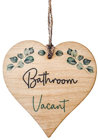 Engaged Vacant Double Sided Bathroom Door Sign - Made From Wood - Eucalyptus Design - Heart Shape