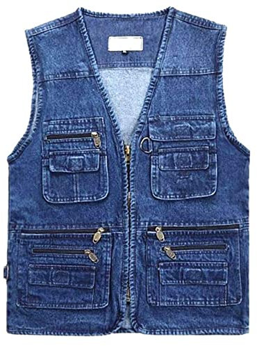 Sawmew Herren Jeansweste Fotografen Ärmellos Jacken Outdoor Camping Multi-Tasche Wandern Arbeitsweste Baumwolle Anglerweste (Color : Blue, Size : 3XL)