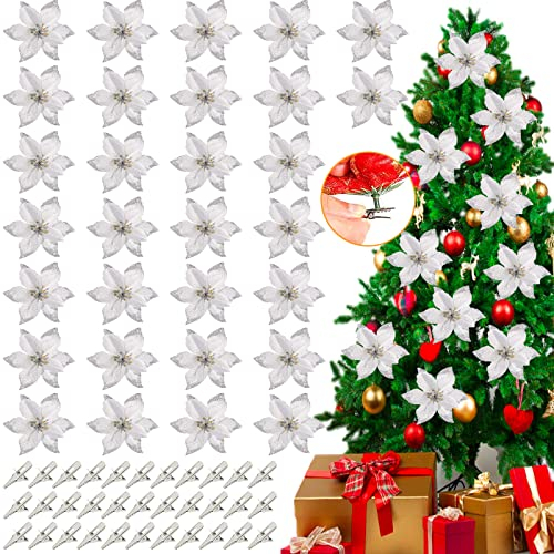 30 Stück Weihnachtsdekoration Blumen, Weihnachten Blumen, Glitzer Künstliche Weihnachtsblumen, Weihnachten Blumen Deko, Kunstblume mit 30 Stück Clips für Weihnachtsdekoration Weihnachtsbaum (Silber)