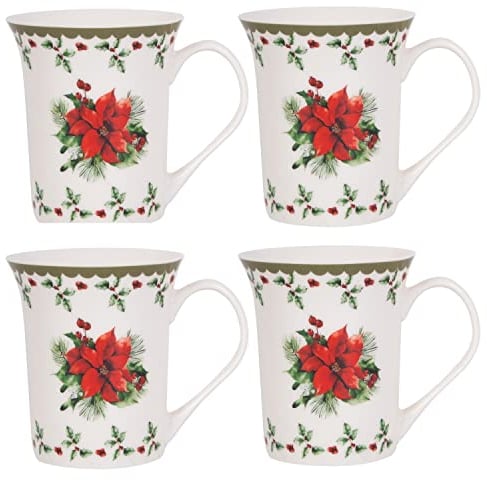 Harvey & Mason Set Of 4 Mugs Holly Range Porcelain Festive Christmas Dinner Tea Coffee Cups