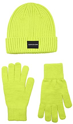 Calvin Klein Jungen Set mit Mütze und Handschuhen, gerippt Beanie, Säurlimette, 8-16 Jahre