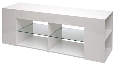 Meuble TV HWC-L36 50x144x40cm Compartiment de Rangement, Blanc Brillant