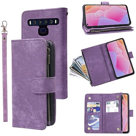Compatible with TCL 10L / TCL 10 Lite Wallet Case Wrist Strap Lanyard and Premium Vintage Leather Flip Credit Card Holder Stand Cell Accessories Phone Cover for Android TCL10L TLC 10L Women Men Purple