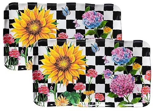 LEHAHA Rechteckiges Melamin-Serviertablett mit Sonnenblumen-Motiv, 2-teiliges Hortensien-Servierplatten-Set, 44,5 x 25,4 cm, bunte Tabletts/Teller-Set für Mahlzeiten im Innen- und Außenbereich,