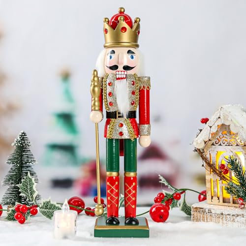 WONDER GARDEN Christmas Nutcracker Figures, 15 Inch Wooden King Soldier Nutcrackers, Red Christmas Ornaments for Shelves and Tables Decor