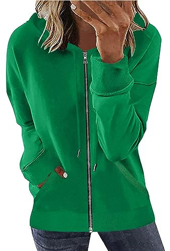 Sweat à capuche zippé à manches longues décontracté côtelé pour femme - Cardigan ample et confortable - Veste mi-saison d'automne avec poches, 1 Vert, XXL