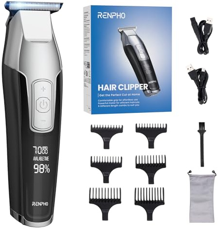 RENPHO Maquina de Cortar Pelo Hombre, Cortapelos Hombre con Cuchillas Afiladas, Pantalla LED Recortadora de Barba, Potente Motor con Velocidad Ajustable, Accesorios Versátiles