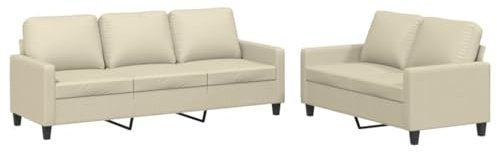vidaXL Sofagarnitur 2-TLG., Sessel Couch mit Kissen, Sofa Wohnzimmersofa mit Armlehnen, Couchgarnitur Designsofa Sitzmöbel Polstermöbel, Creme Kunstleder