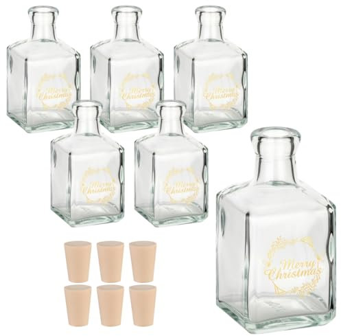 gouveo 6er Set Glasflaschen 250 ml Cube Merry Christmas in Gold mit Korken (PEK) - Leere Flaschen mit Korken für Weihnachten zum Befüllen und Verschenken