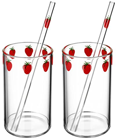 YARNOW 2 Ensembles De Gobelets À Fraises En Verre Jolis Gobelets En Verre Avec Paille Pour L'eau Le Jus Et Le Lait