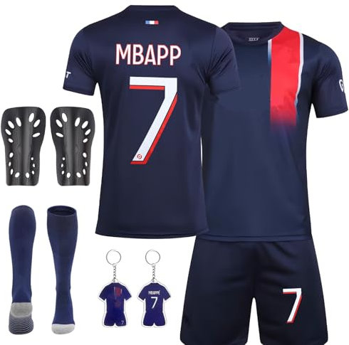 Sidesea Maglia da calcio per bambini con calze, parastinchi e portachiavi – Maglia casa/fuori per ragazzi, 7- Casa, 8-9 Anni
