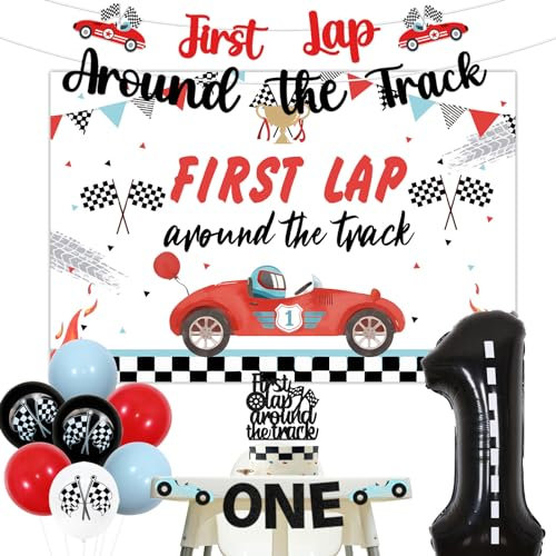 Jollyboom First Lap Around the Track Racing Car 1st Birthday Decorations, Red, Black, White, Blue Balloons, Banner, Backdrop, Cake Topper, High Chair Banner, Foil Number 1 Balloon