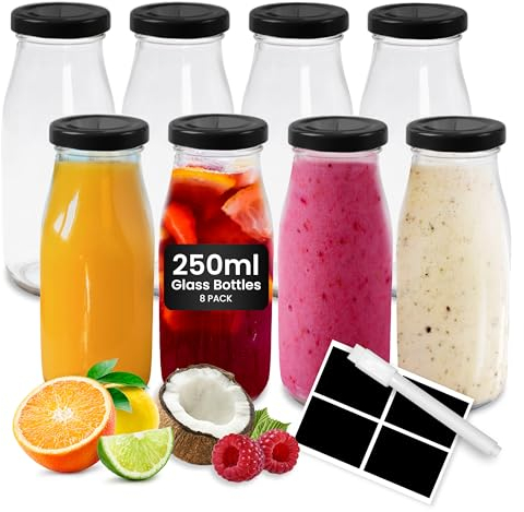 volila Glass Milk Bottles with Lids - 8 Pack x 250ml Glass Bottles with Lids, Labels, and Pen - Reusable Milk Bottle for Juices, Dressings, Sauces, Beverages, Decoration and Storage (Black Lid)